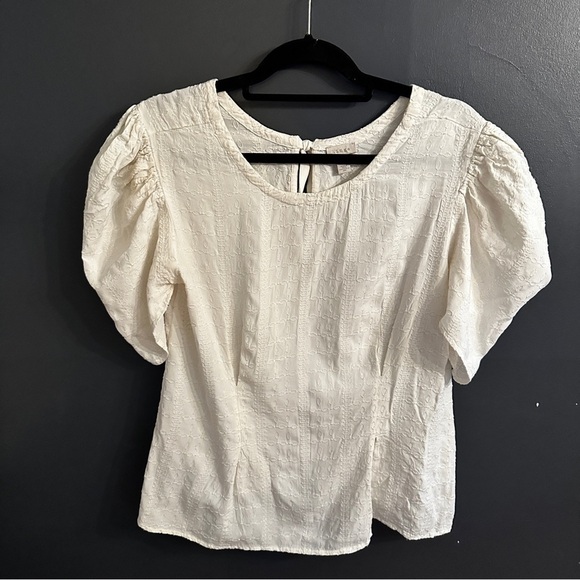 hinge brand ivory embroidered blouse with back tie | size medium - Picture 2 of 9